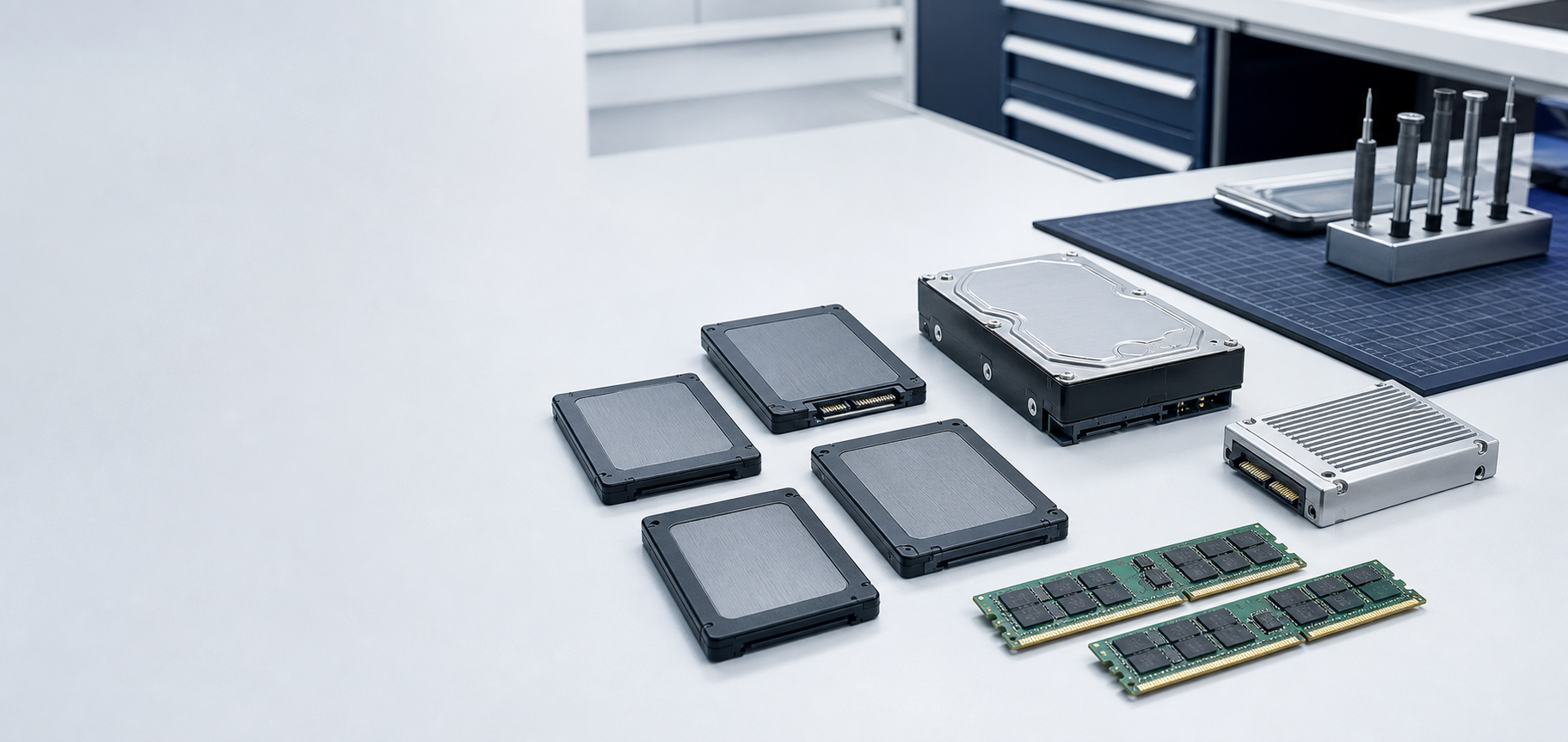Enterprise storage media arranged on a technical inspection bench